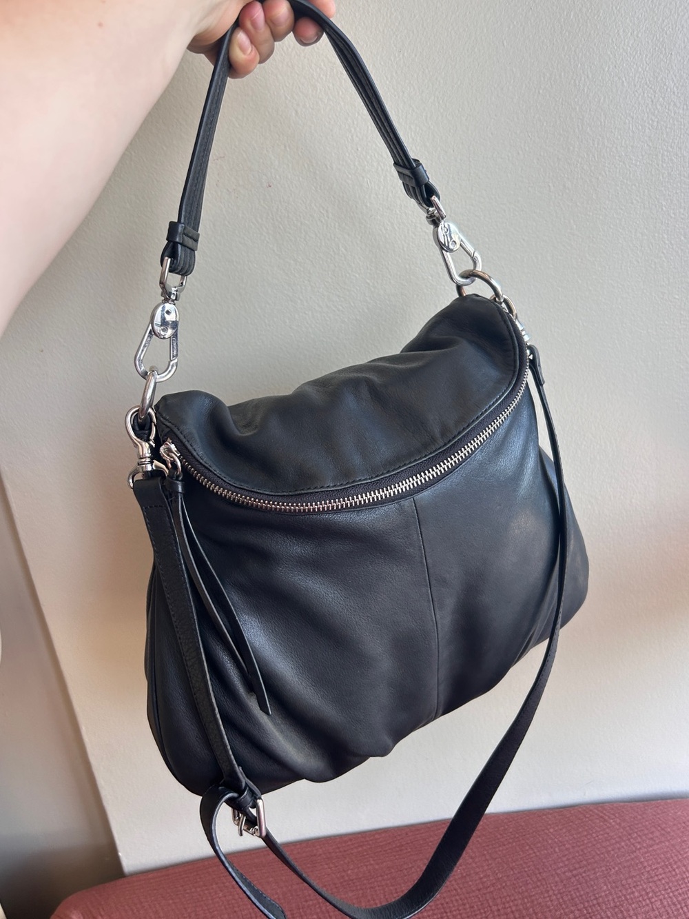 Margot New York Black Leather Convertible Hobo Shoulder Crossbody Bag